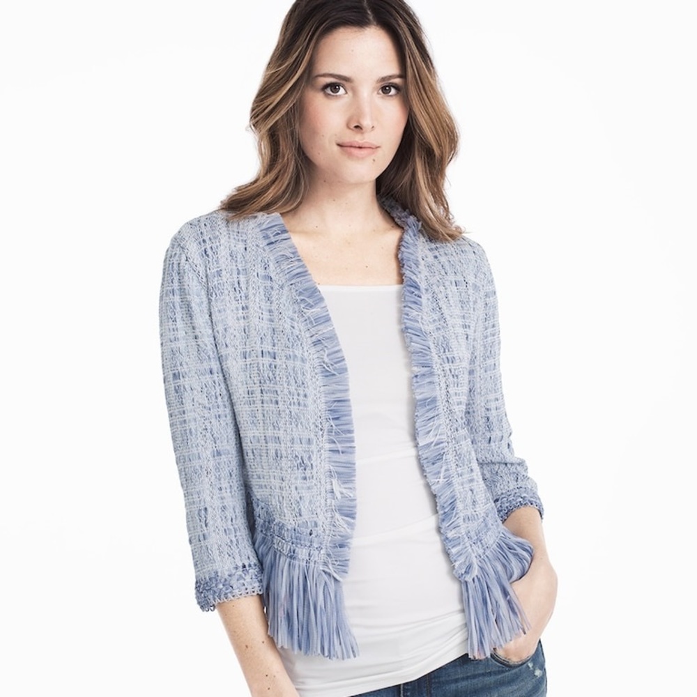 White House Black Market Blue fringe sweater